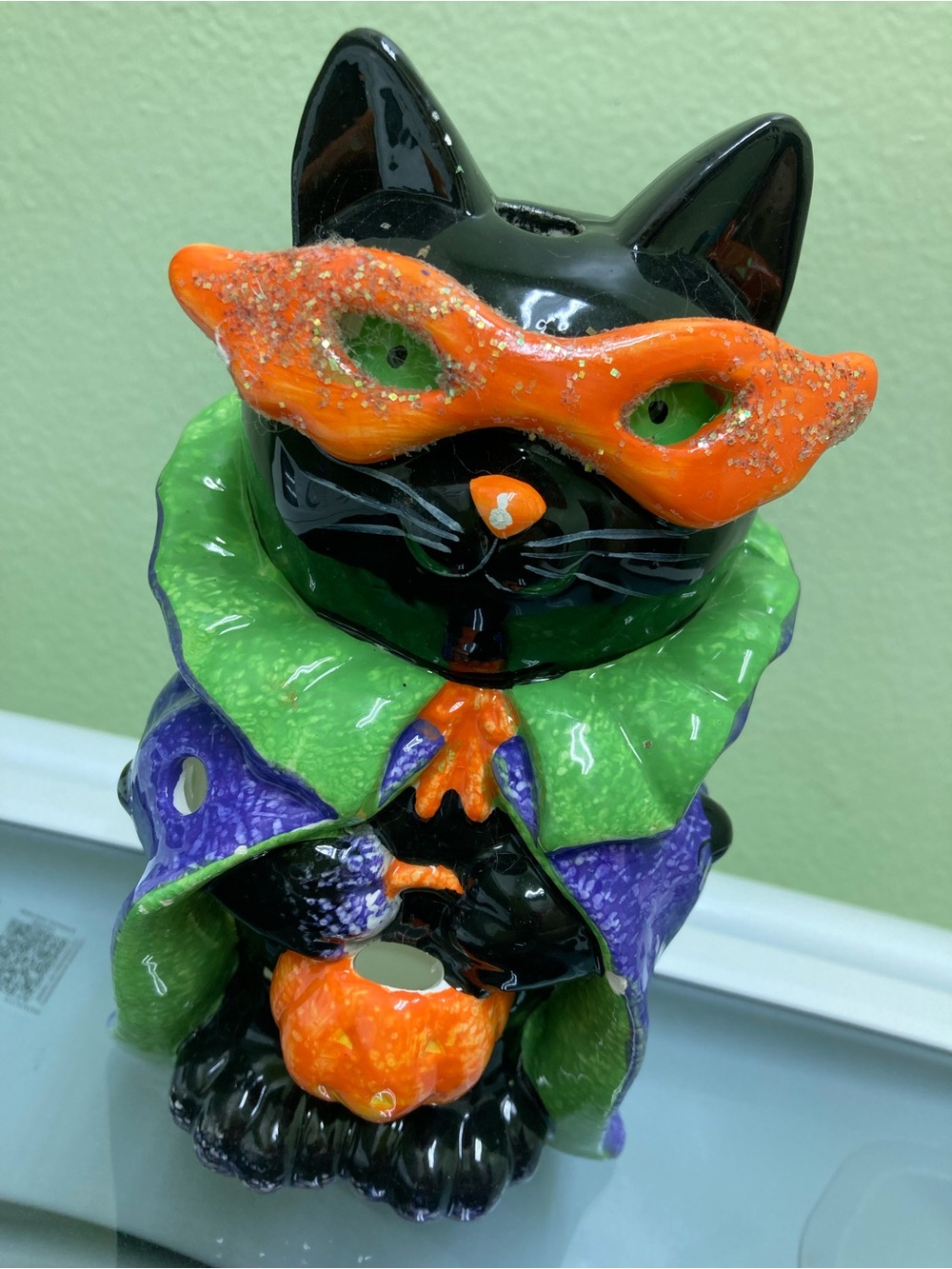 Black Cat Halloween Candle Holder with Orange Mask and Green Collar